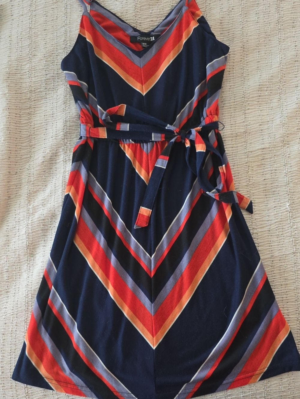 Forever 21 Girls' Navy Chevron Stripe Belted Dress - Red & Orange Accent.